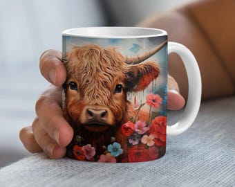 Tasse à café florale vache Highland Wrap PNG, conception de tasse à café 11 oz et 15 oz, sublimation PNG, téléchargement numérique uniquement