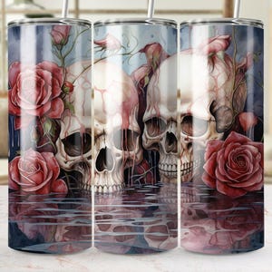 Skulls and Roses Tumbler Wrap PNG, 20oz Skinny Tumbler Seamless Wrap, Digital Download Straight and Tapered, Sublimation Design