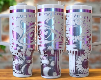 Fuel By Energy Drinks & Anxiety 40oz Tumbler Laser Engrave File, 40 oz Quencher Cute Raccoon Tumbler Wrap SVG-PNG. Laser Engraving Tumbler