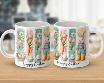 Happy Easter Bunny Sublimation 11oz - 15oz Coffee Mug Wrap PNG, Brushstroke Pastel Floral Easter Design, T-Shirt PNG, Digital Download Only