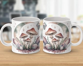 Mystical Mushroom Moon 11oz-15oz Coffee Mug Wrap PNG, Sublimation Design, Digital Download, T-shirt, Tote Bag, Pillow High-Resolution PNG