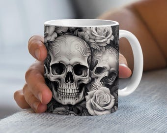 Skull Roses Digital Download Only, Coffee Mug Wrap PNG, 11oz and 15oz Coffee Cup Design, Sublimation PNG, Sublimation Design