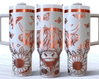 Archivo de grabado láser para vaso de 40 oz con diseño de vaca de las Tierras Altas, envoltura para vaso de 40 oz con diseño de vaca Quencher - Archivo SVG y PNG para vaso con diseño de girasol, grabado láser para amantes de las vacas