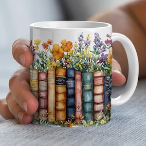 Vintage Books and Flowers Coffee Mug Wrap PNG, 11oz 15oz Coffee Cup Design, Sublimation PNG Download, Digital Download Design