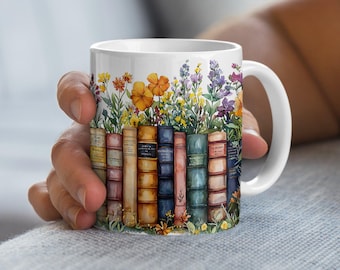 Vintage boeken en bloemen koffiemok wrap png, 11oz 15oz koffiekopontwerp, sublimatie png-download, digitale downloadontwerp