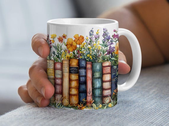 Vintage Books and Flowers Coffee Mug Wrap PNG, 11oz 15oz Coffee Cup Design, Sublimation PNG Download, Digital Download Design