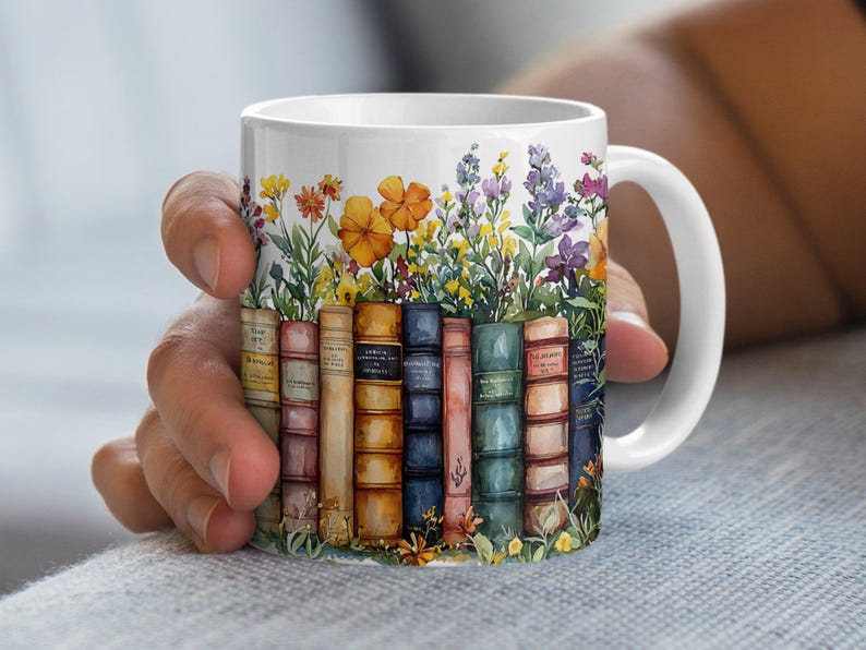 Vintage Books and Flowers Coffee Mug Wrap PNG, 11oz 15oz Coffee Cup Design, Sublimation PNG Download, Digital Download Design image 1
