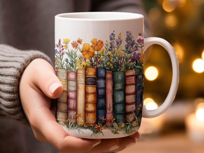 Vintage Books and Flowers Coffee Mug Wrap PNG, 11oz 15oz Coffee Cup Design, Sublimation PNG Download, Digital Download Design image 6