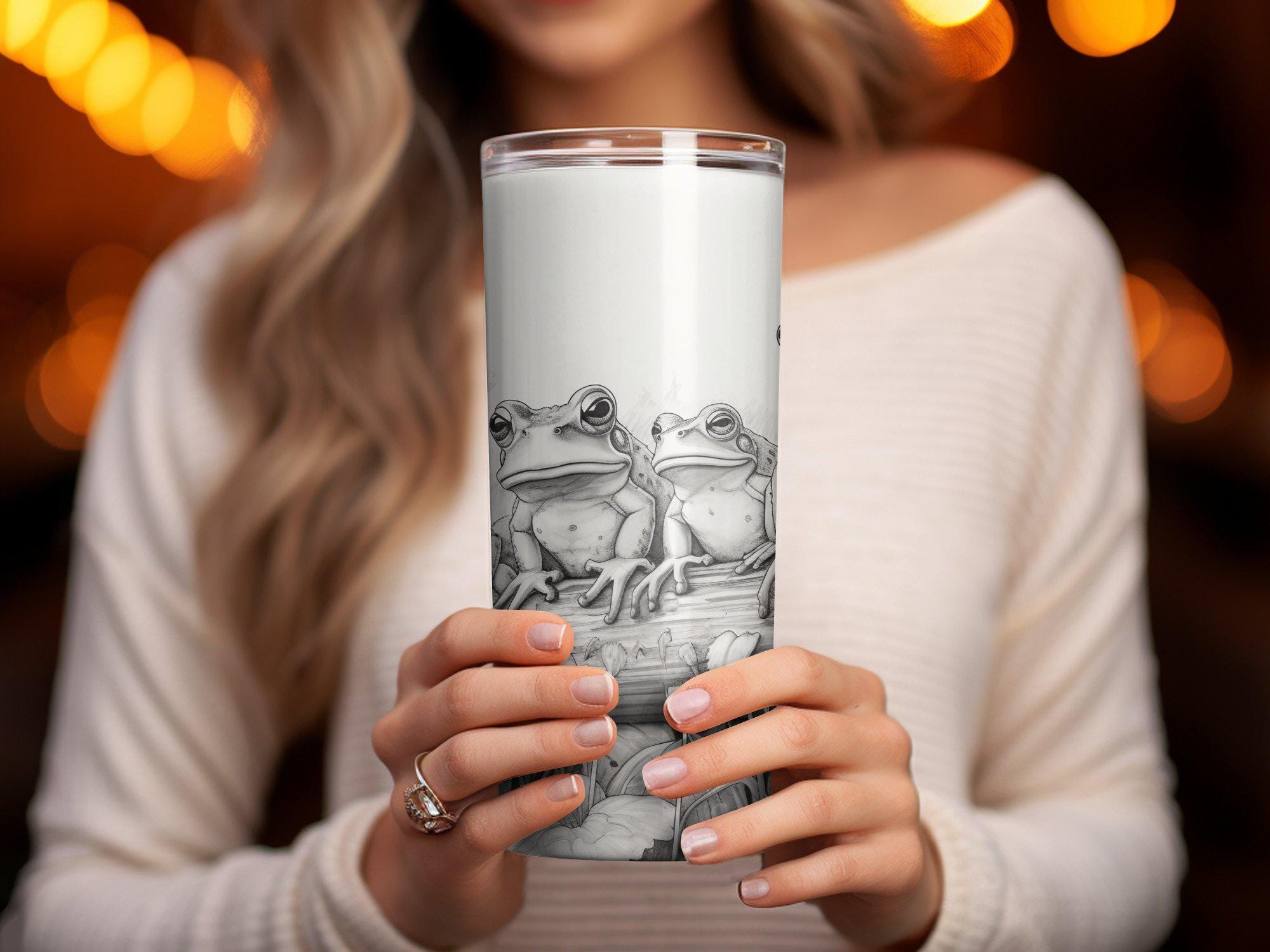 20oz Skinny Tumbler Wrap PNG, Frogs Sitting on Log Sublimation PNG ...