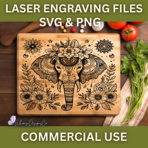 May include: A wooden chopping board featuring an engraved elephant design, surrounded by floral and celestial motifs. The text "LASER ENGRAVING FILES SVG & PNG" and "COMMERCIAL USE" are displayed. The board is rectangular with a handle.