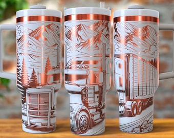 May include: Three white stainless steel tumblers with a copper colored band around the top. Each tumbler features a copper colored illustration of a semi-truck driving through a mountain landscape.