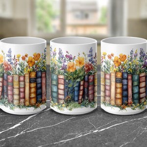 Vintage Books and Flowers Coffee Mug Wrap PNG, 11oz 15oz Coffee Cup Design, Sublimation PNG Download, Digital Download Design image 2