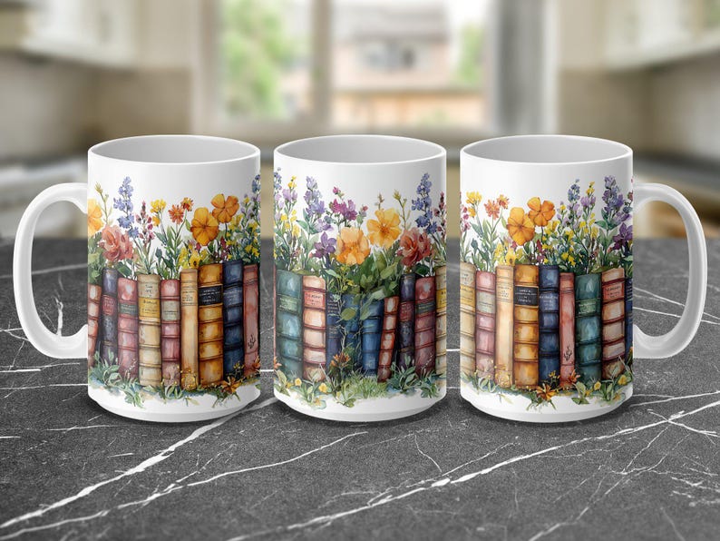 Vintage Books and Flowers Coffee Mug Wrap PNG, 11oz 15oz Coffee Cup Design, Sublimation PNG Download, Digital Download Design image 2