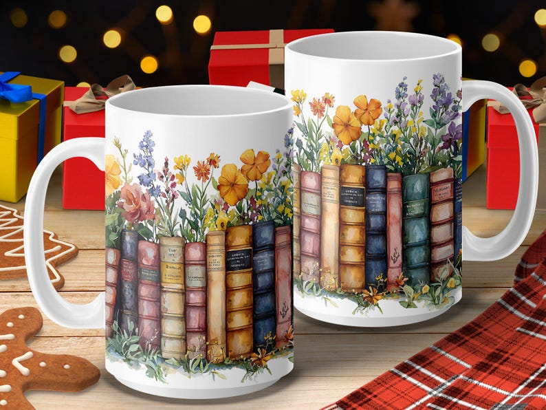 Vintage Books and Flowers Coffee Mug Wrap PNG, 11oz 15oz Coffee Cup Design, Sublimation PNG Download, Digital Download Design image 8