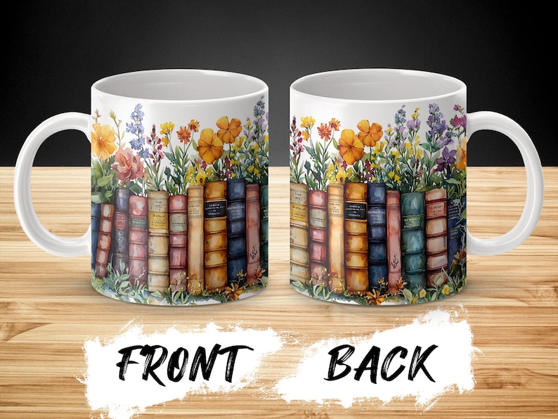 Vintage Books and Flowers Coffee Mug Wrap PNG, 11oz 15oz Coffee Cup Design, Sublimation PNG Download, Digital Download Design image 5