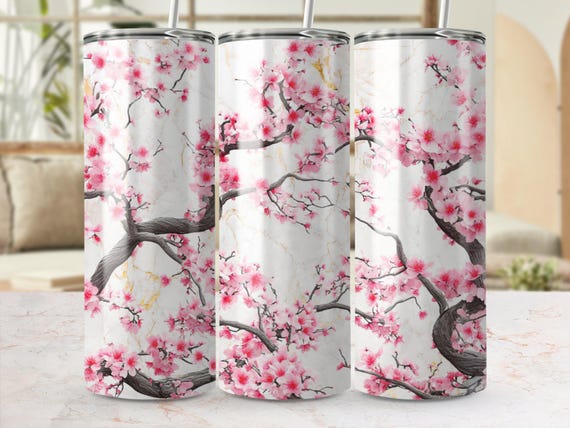 20oz Skinny Tumbler Wrap PNG, Digital Download, Seamless Design, Sublimation PNG, Japanese Cherry Blossom Art, Aesthetic Tumbler Art