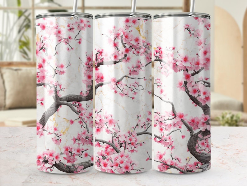 Diseño PNG para vaso delgado de 20 oz, descarga digital, diseño sin costuras, PNG para sublimación, arte japonés de flor de cerezo, arte estético para vasos. imagen 1