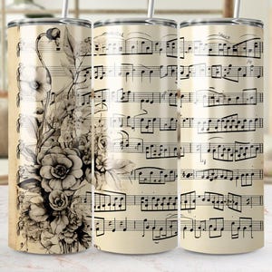 Sheet Music Tumbler Wrap PNG, Musical Notes and Flowers 20oz Skinny Tumbler Wrap PNG, Design Digital, Sublimation PNG, Straight and Tapered