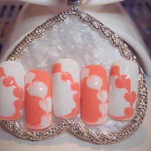 salmon pink and white press on nails | glue on nails | white nails | swirl  nails | gifts for her | nail gifts | birthday gift | press ons |