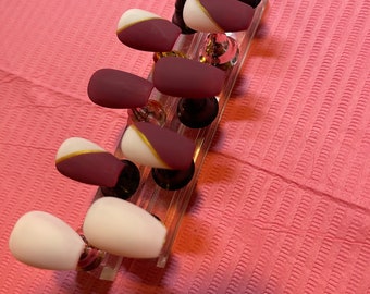 Burgundy and pink short coffin Press on nails | Glue on nails | Long Coffin shape nails | gifts | coffin glue on nails