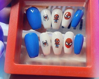 Blue and white Short coffin press on nails | glue on nails | short coffin nails | nails | gifts for kids |blue nails| birthday gift |
