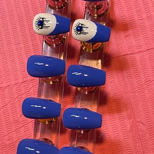 Evil eye dark Blue short coffin Press on nails | Glue on nails | rhinestone short Coffin shape nails | gifts | coffin glue on nails