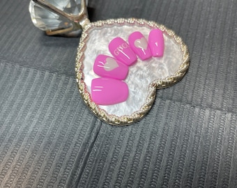 Pink Short coffin press on nails | glue on nails | pink nails | white nails | gifts for her | nail gifts | birthday gift | press ons |