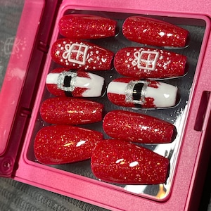 Christmas red and white glitter set long coffin Press on nails | Glue on nails | Long Coffin shape nails | gifts | coffin glue on nails