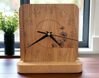 Clock - solid wood counter clock with refined Ginkgo leaf patterns