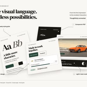 May include: A design kit presentation featuring text that reads One visual language. Endless possibilities. The layout includes three overlapping cards displaying typography, interface components, and a website mockup with an orange car image.