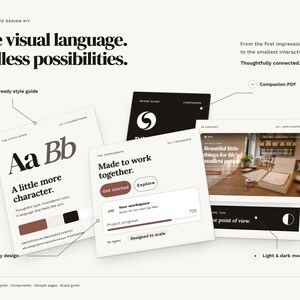 May include: A design kit presentation featuring white and black cards with typography, UI components, and brand imagery. Text includes 'One visual language. Endless possibilities.', 'Made to work together.', 'A little more character.', and 'Companion PDF'.