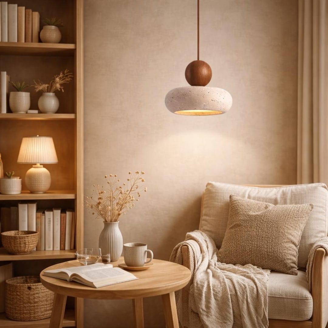 Wabi Sabi Travertine Stone Pendant Light, Japandi Wood Hanging Lamp ...