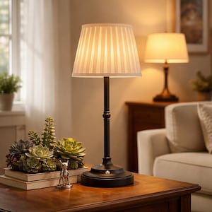 May include: A black table lamp with a pleated white lampshade. The lamp is on a dark wooden table, with a small succulent arrangement and a decorative metal dog figurine. Another lamp is visible in the background.