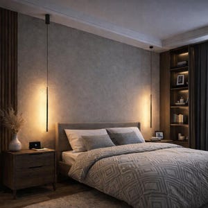 Puede incluir: Un dormitorio moderno con una cama con edredón y almohadas estampadas. Dos lámparas colgantes lineales negras cuelgan sobre la cama. Una mesita de noche de madera con un jarrón y un pequeño dispositivo electrónico.