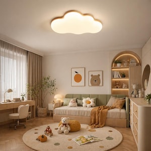 Cloud LED Ceiling Light, Mid Century Nursery Flush Mount Light, Modern Wooden Bedroom Lamp, Kids Room Decor