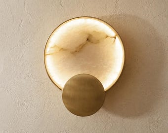 Modern Marble Wall Sconce, LED Bedside Wall Light, Round Wall Lamp for Bedroom Hallway Entryway Decor
