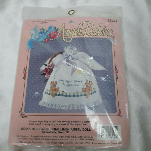 NEW Vintage 1992 Embroidery Kit Angel Babies God's Blessings Fine Linen Angel Doll