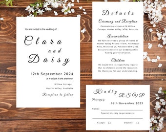 Wedding Invitation Template, Classic Design, Invite Bundle, Printable Invitation, Edit with TEMPLETT, Instant Download