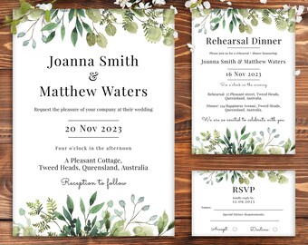 Eucalyptus Wedding Invitation Template, Printable Wedding Invitation, Wedding Invitation Bundle, Edit with TEMPLETT, Instant Download