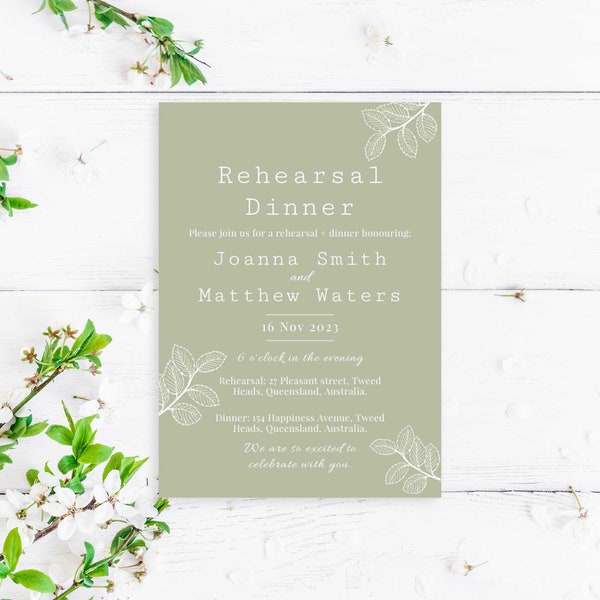 Sage Green Rehearsal Dinner Invite Template, Printable Invitation, Wedding Invitation, Edit with TEMPLETT, Instant Download