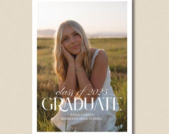 May include: A graduation announcement featuring a young woman in a white dress, seated in a field of tall grass. The text reads "class of 2025 GRADUATE" with the graduate's name and high school below. The background shows a sunset.