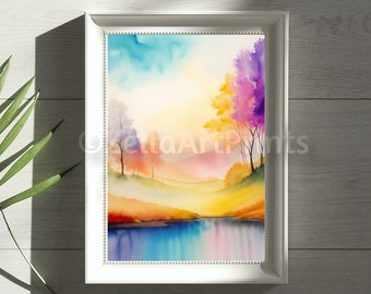 Colorful Landscape Wall Art, Printable Landscape Art, Abstract Landscape Watercolor, Colorful Landscape Painting, Rainbow, INSTANT DOWNLOAD