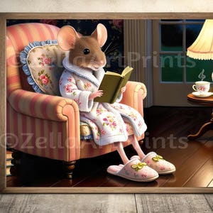 ネズミの読書ティータイムの絵画、ネズミの保育園のプリント、本好きへのギフト、ネズミのアートワーク、絵本の装飾、かわいいネズミのポスター、読書ベビーシャワー