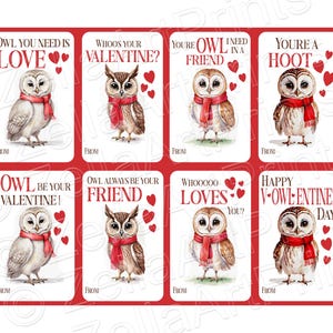 Valentinstag Karten Eule, Aquarell Klassenzimmer V-Day, süße süße Waldtiere, sofort-Download, verschneite Scheune große gehörnte Tag Kinder