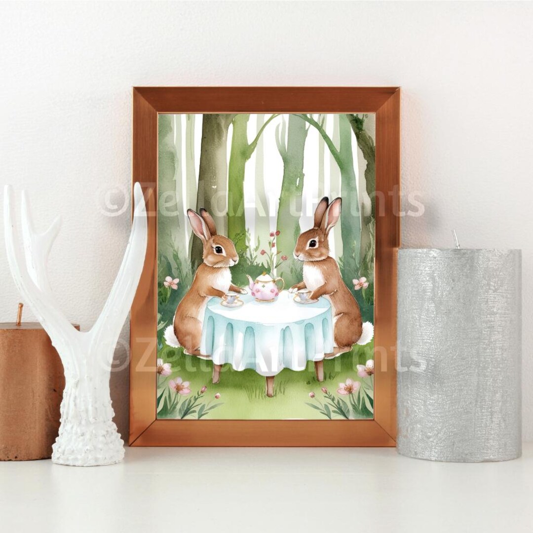 Rabbit Tea Party Watercolor Painting, Rabbit Print Art, Rabbit Nursery ...