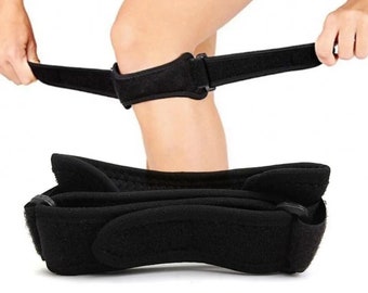 Pode incluir: Fita de suporte de joelho preta com fechos de velcro ajustáveis. A fita é projetada para ajudar a estabilizar a articulação do joelho.