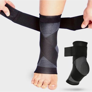 May include: Black ankle support brace with adjustable straps. The brace has a breathable, textured fabric and a criss-cross design for added support.