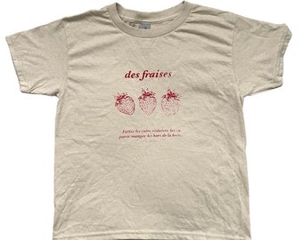 Cream, Vintage French STRAWBERRY COQUETTE baby tee fit, Hand Screen Printed, Unisex Baby tee Fit, Handmade gift apparel, unique, y2k