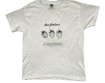 White, Vintage French STRAWBERRY COQUETTE baby tee fit, Hand Screen Printed, Unisex Baby tee Fit, Handmade gift apparel, unique, y2k