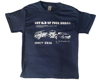 Handmade, hand screen printed Navy Blue Baby Tee fit, Vintage Car Print, Y2K Inspired, Retro Screen Printed Shirt